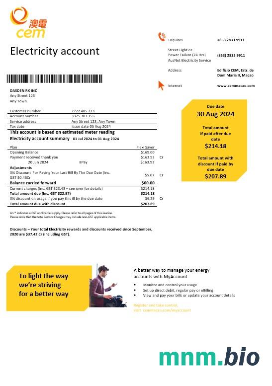 Makau cem electricity rachunek za usługi komunalne Word i szablon PDF